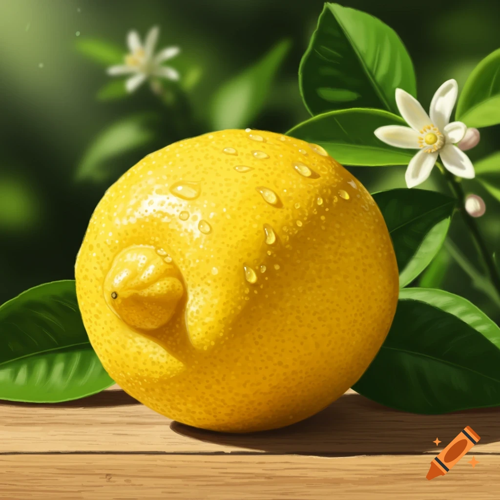 A wet, ripe lemon with water droplets on a wooden surface, surrounded by green leaves and white flowers.