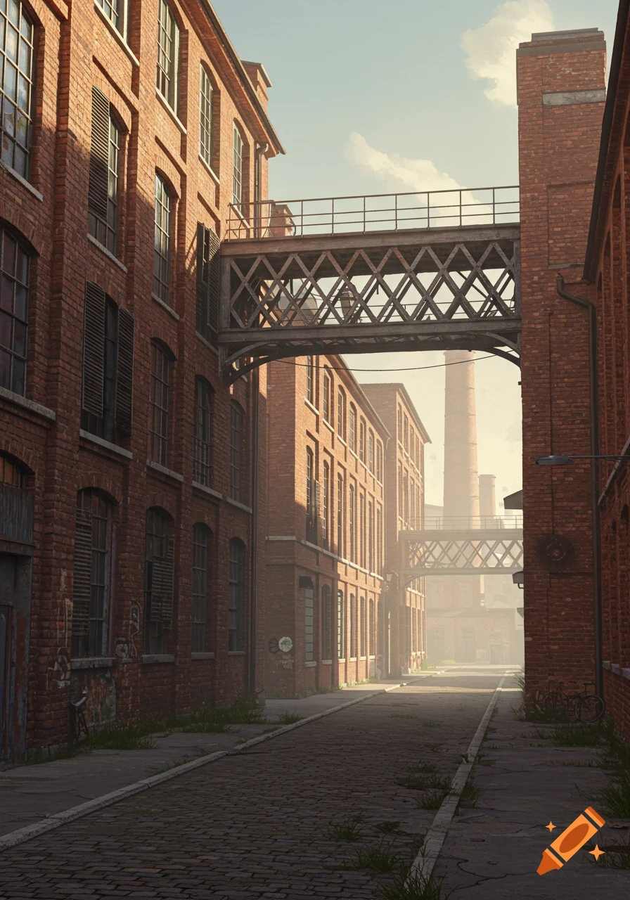 A photorealistic depiction of an alleyway between two brick factory buildings, connected by a metal bridge overhead.