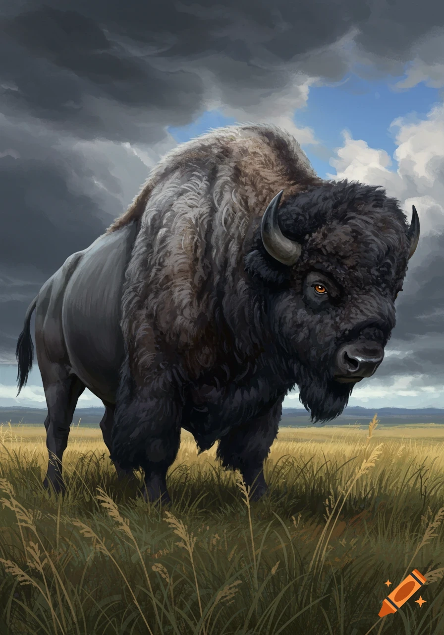 A fierce grey bison with golden eyes stands in a grassy field under a dramatic, cloudy sky, digital painting.