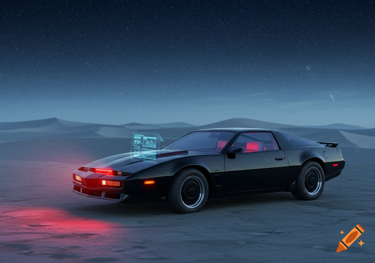A black futuristic car, reminiscent of KITT, with a red light scanner and holographic display on its hood, sits in a desert under a starry night sky.
