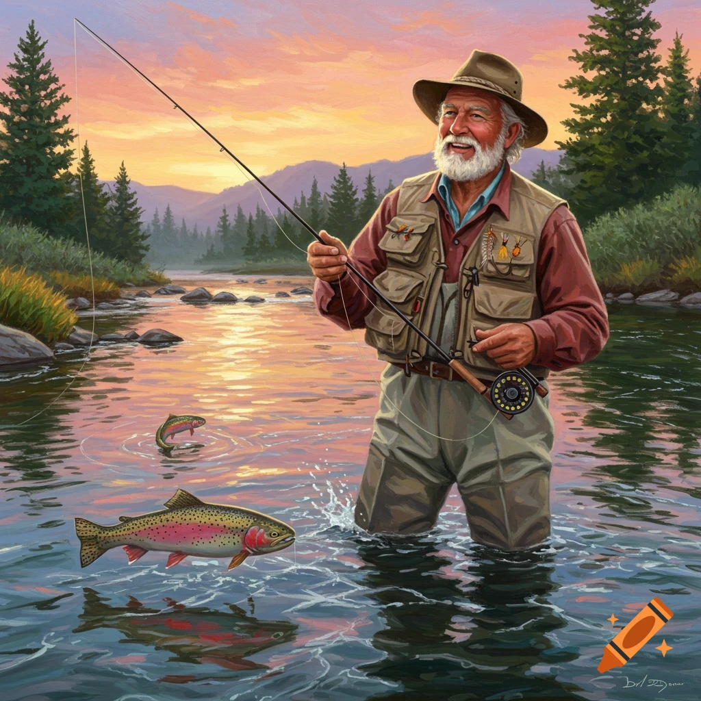 Smiling elderly man fly fishing in a river at sunset, with two fish, in a painterly style.