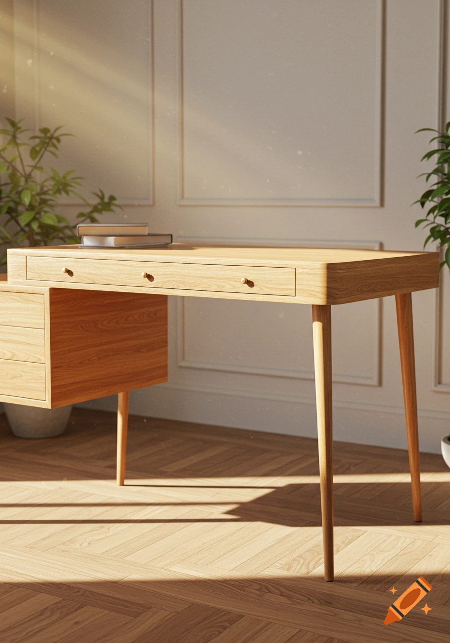 A photorealistic light wood desk with drawers and thin legs in a sunlit room, with potted plants and books.