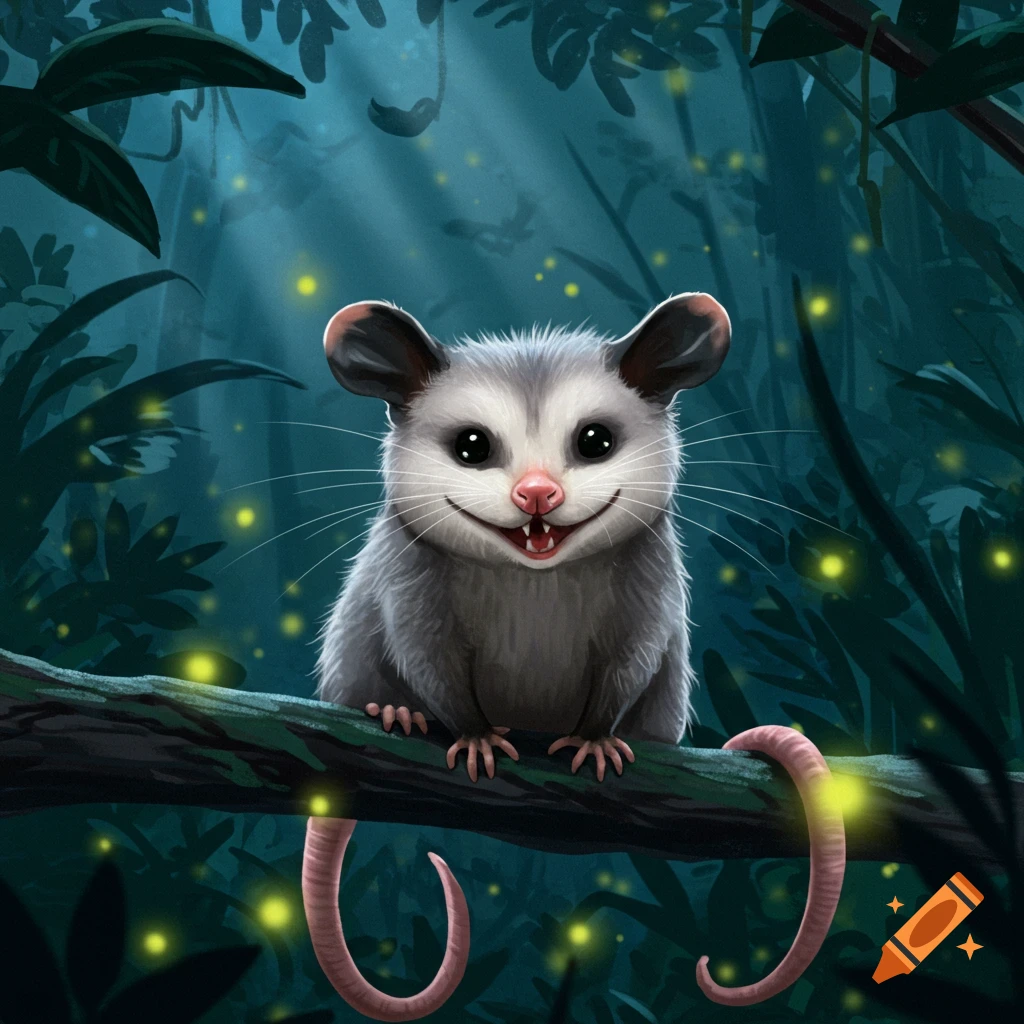 A cute, cartoon possum with a devious smile sits on a branch in a dark, glowing jungle.