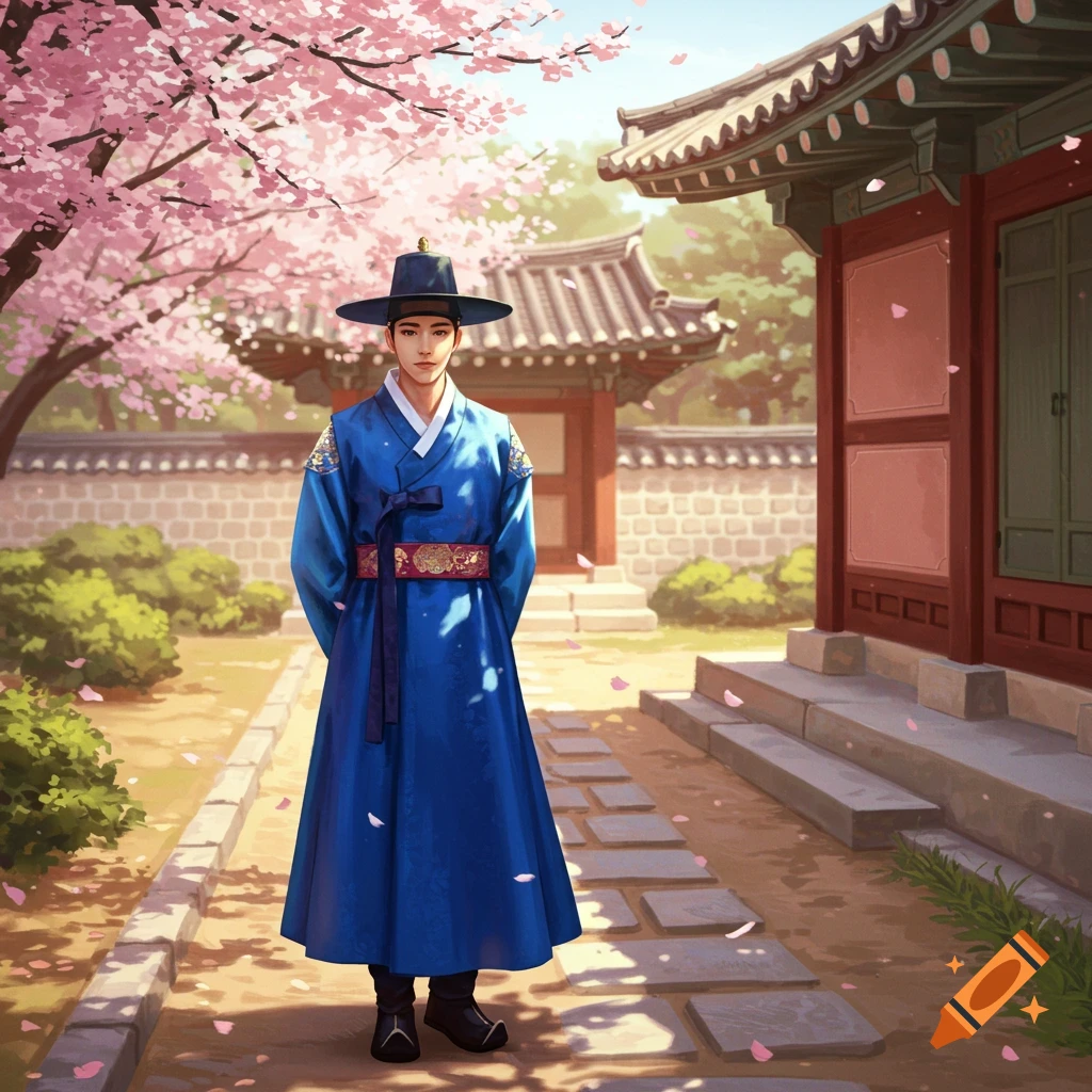 A man in a blue hanbok stands in a traditional Korean garden with pink cherry blossoms and ancient buildings.