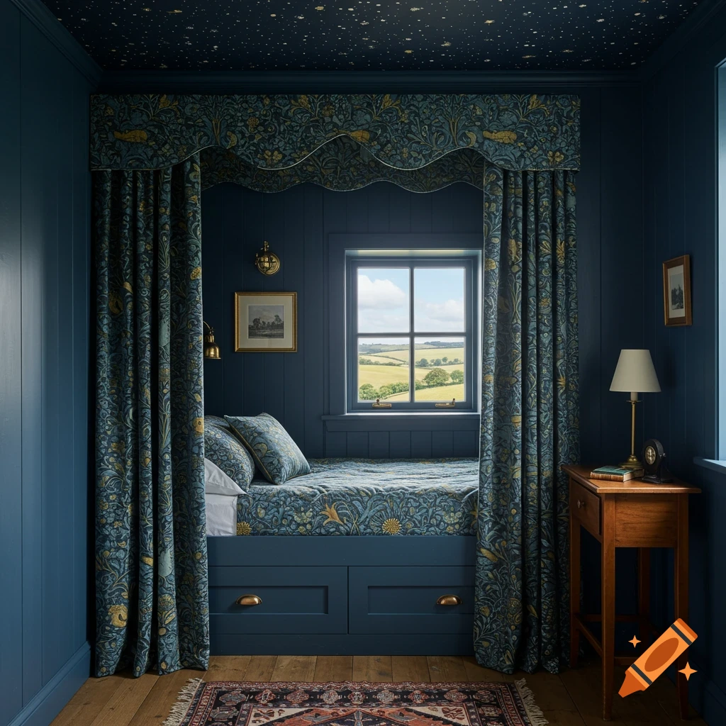 Dark blue box room bedroom with a built-in bed, patterned canopy and curtains, starry ceiling, and window overlooking countryside.