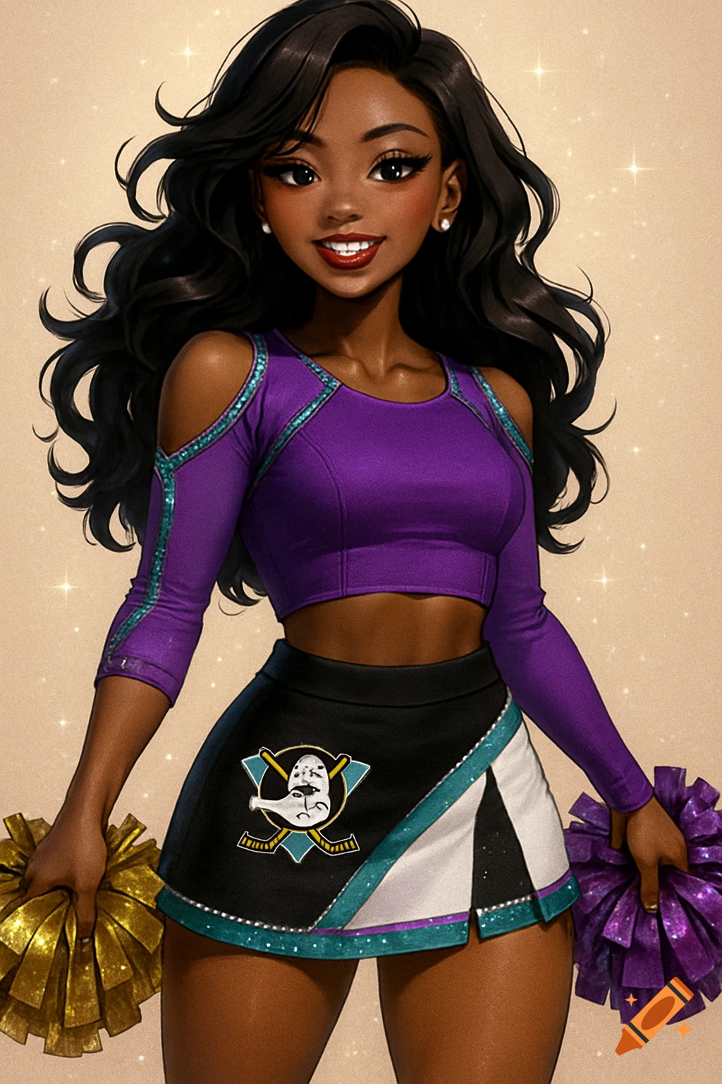 An anime-style Black woman in a purple crop top and black/white mini skirt with a hockey logo, holding gold and purple pom-poms.