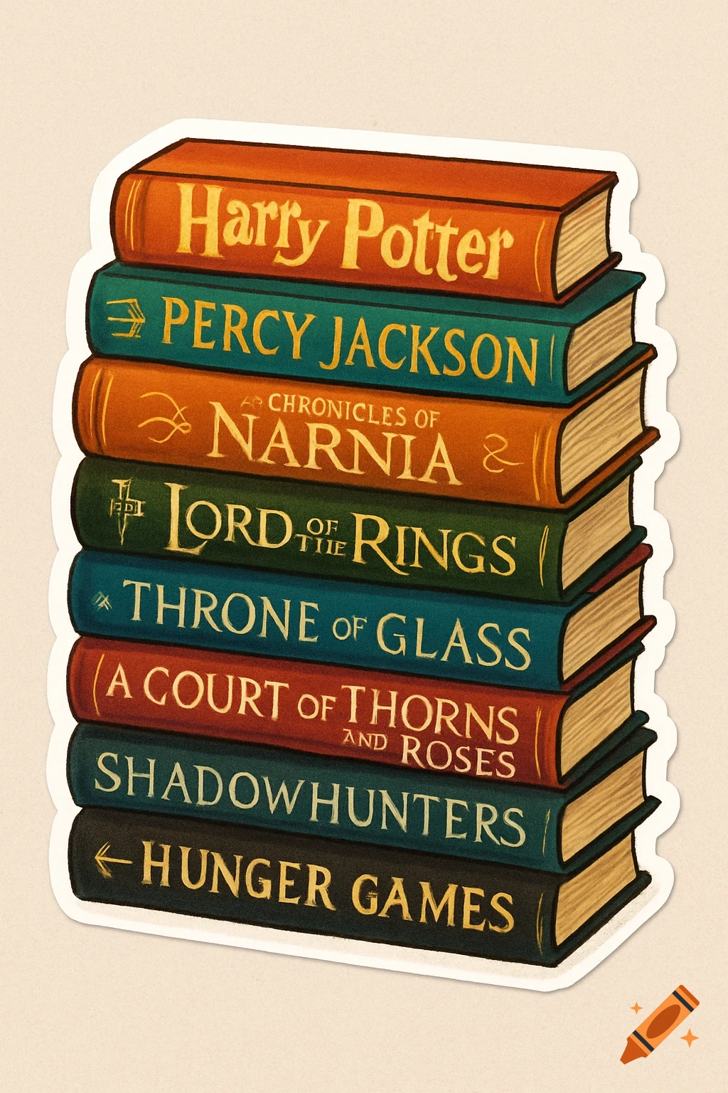 A sticker showing a stack of fantasy novel books including Harry Potter, Percy Jackson, and Lord of the Rings.
