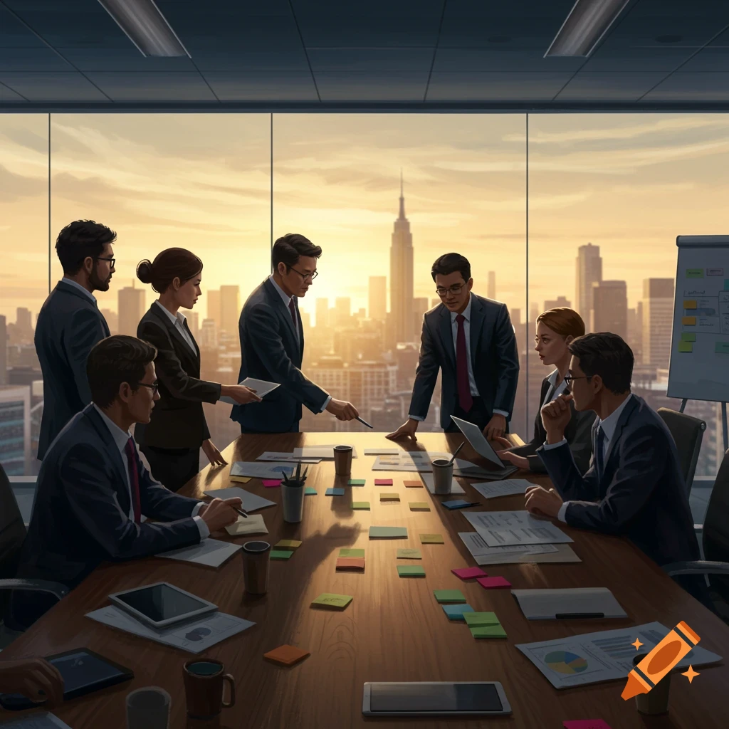 Business professionals in a high-rise boardroom meeting, with a cityscape at sunset visible through large windows, illustrated in a realistic style.