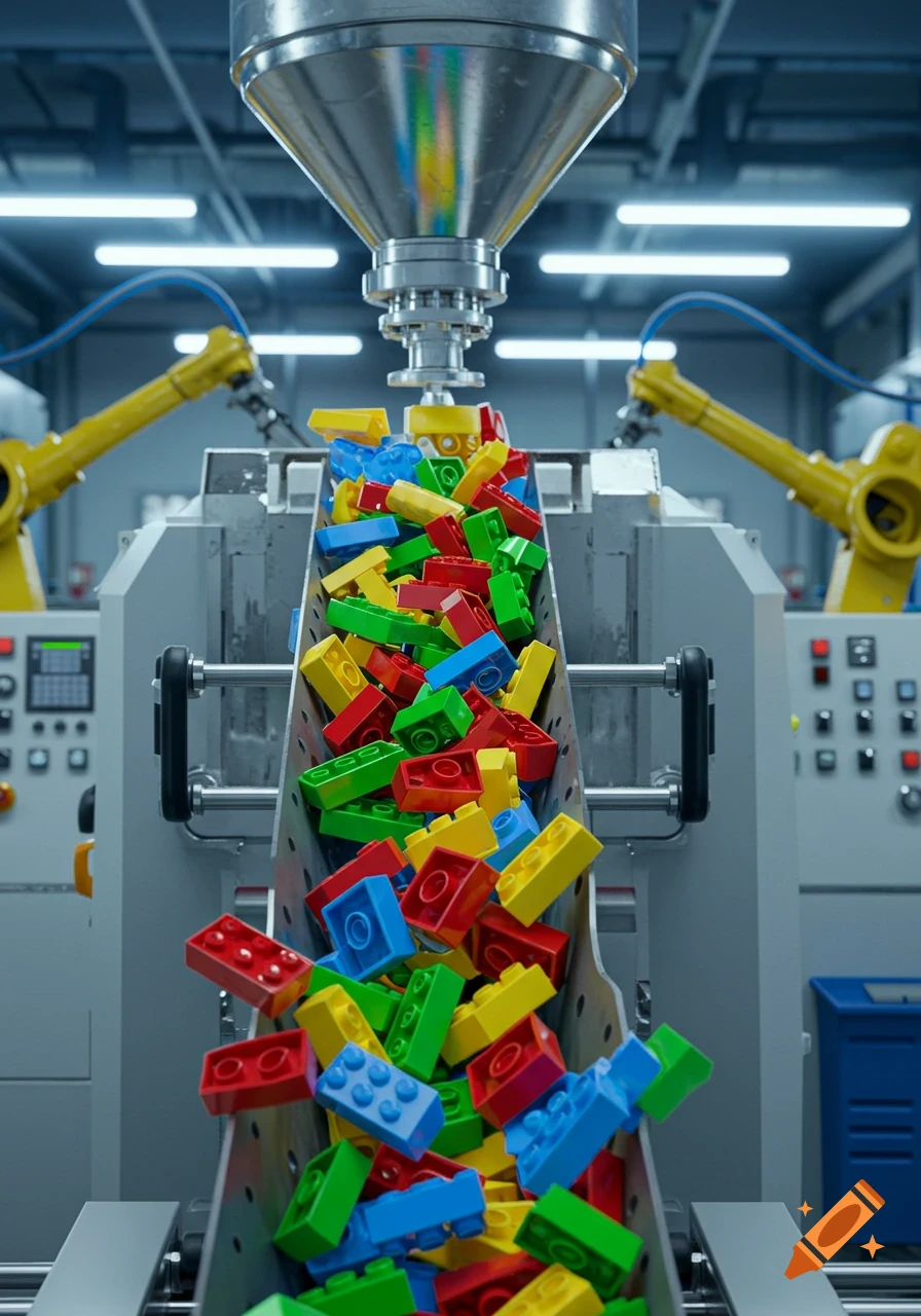 Colorful building blocks on a conveyor belt in a factory, emerging from an industrial machine.
