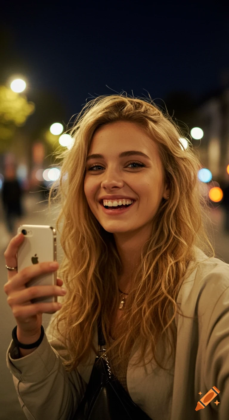 Smiling young blonde woman taking a selfie with her phone on a city street at night, with blurred lights in the background.