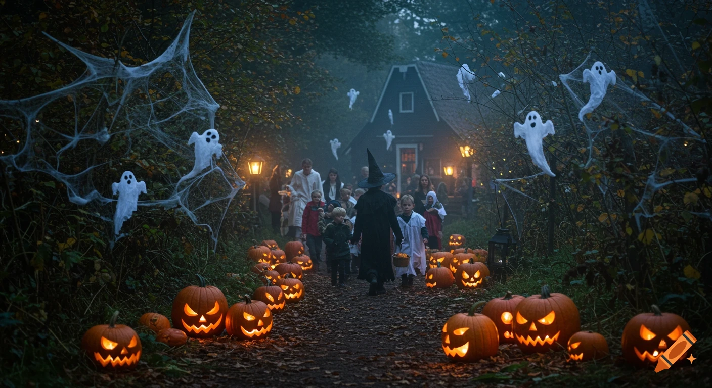 Children and families trick-or-treating on a foggy forest path lined with glowing jack-o'-lanterns and ghost decorations, leading to a house.