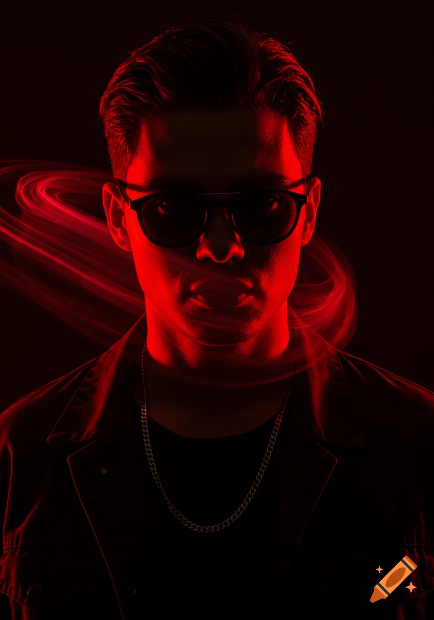 Cinematic portrait of a person in sunglasses and dark jacket with a silver chain, bathed in dramatic red light and light trails.