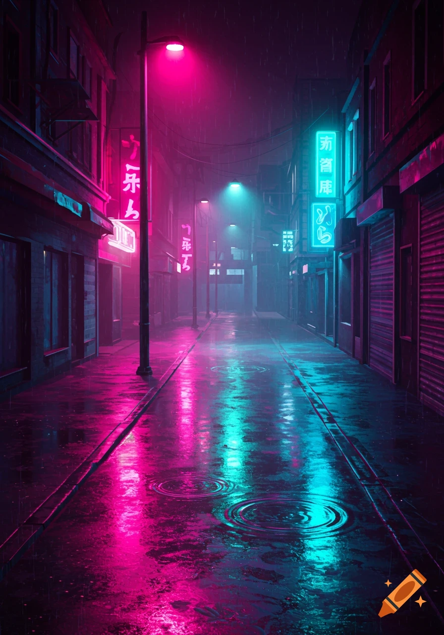 A rainy city street at night with buildings illuminated by vibrant pink and turquoise neon lights reflecting on the wet pavement.