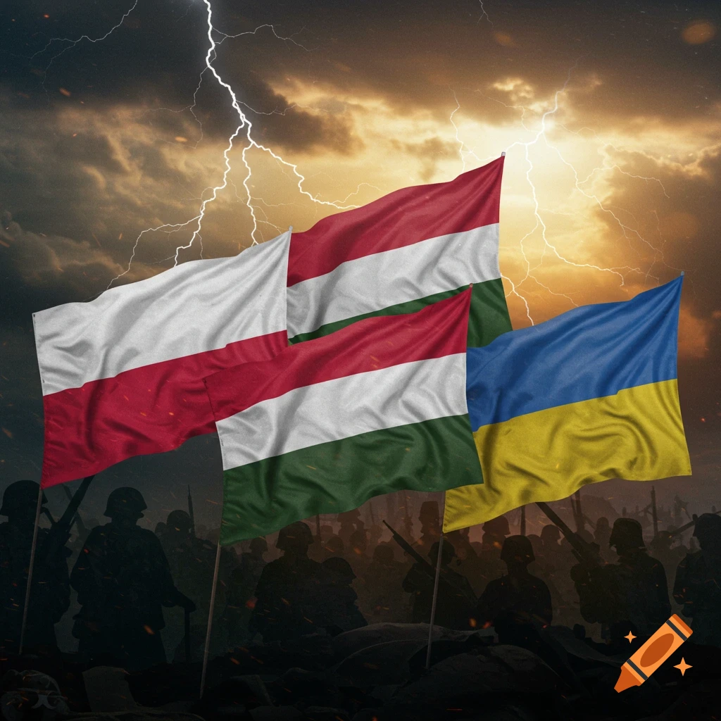 Flags of Poland, Hungary, and Ukraine wave against a stormy, lightning-filled sky with silhouetted soldiers on a battlefield below.