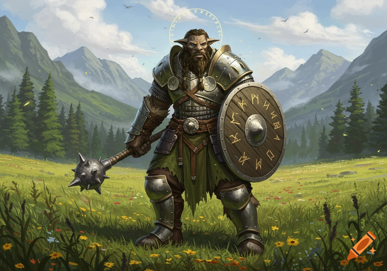A heavily armored goliath cleric with a beard, pointed ears, and a halo stands in a sunny mountain meadow, holding a morning star and a shield with runes.