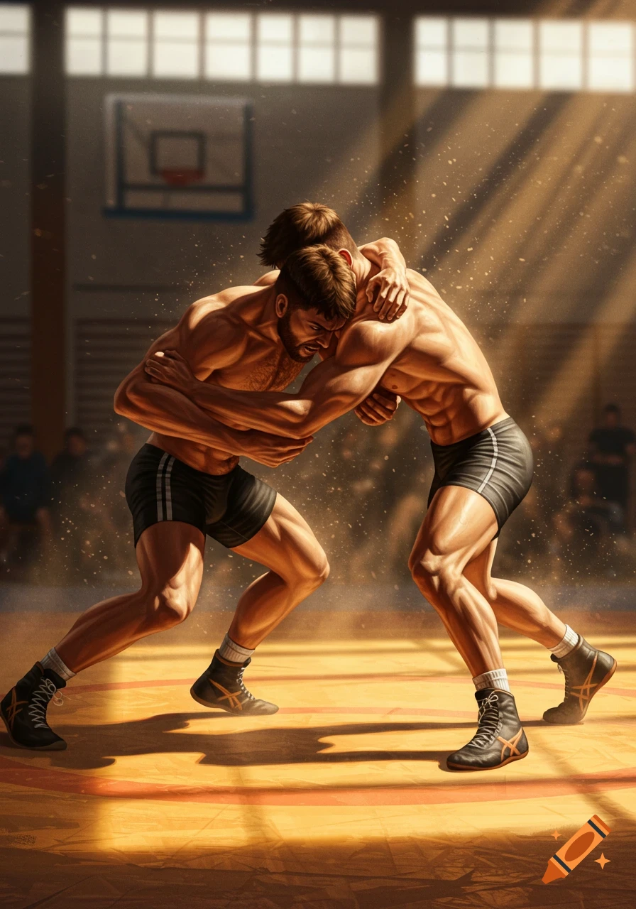 Two muscular men wrestle on a mat in a sunlit gym, locked in a grappling hold.