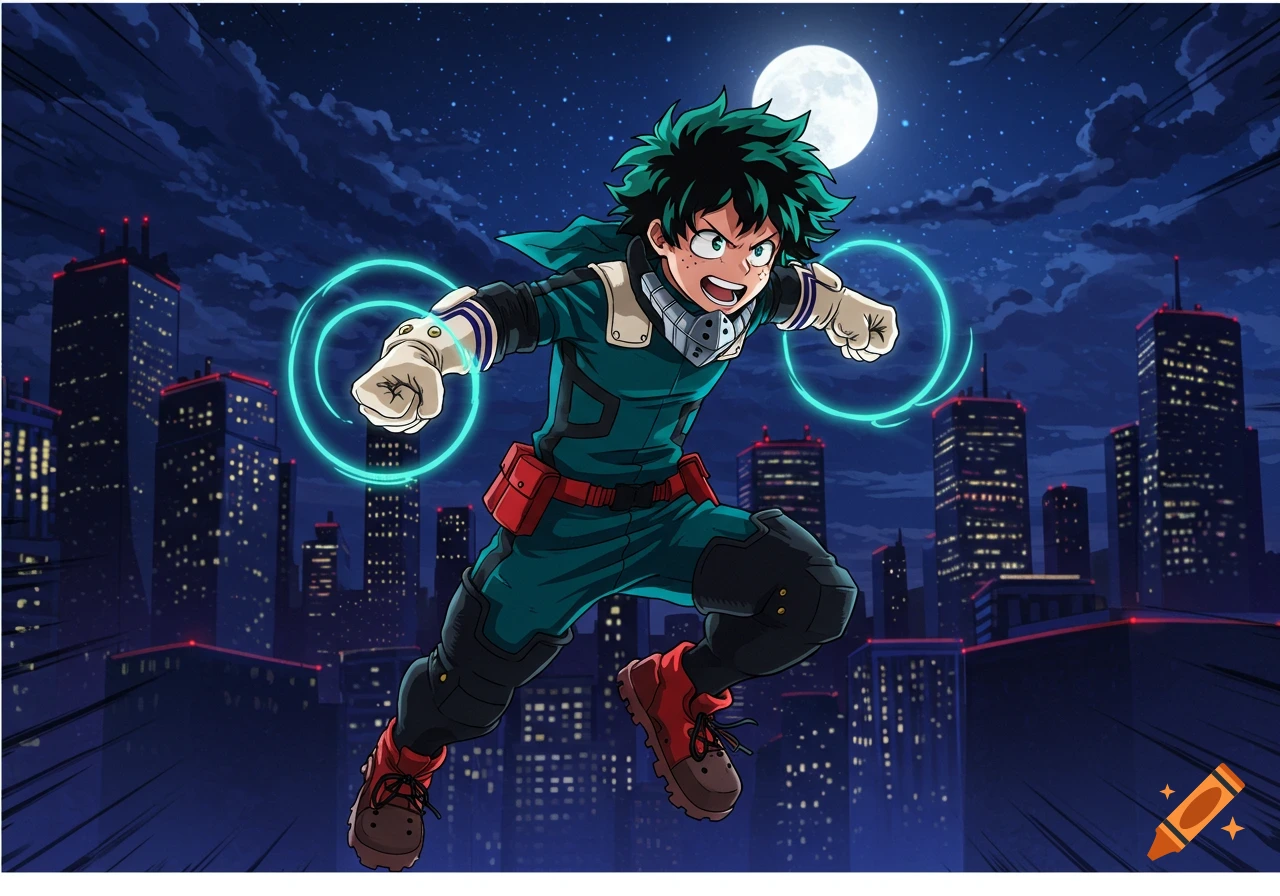 Anime character Deku from My Hero Academia leaps through a city at night under a full moon, with glowing energy rings around his fists.