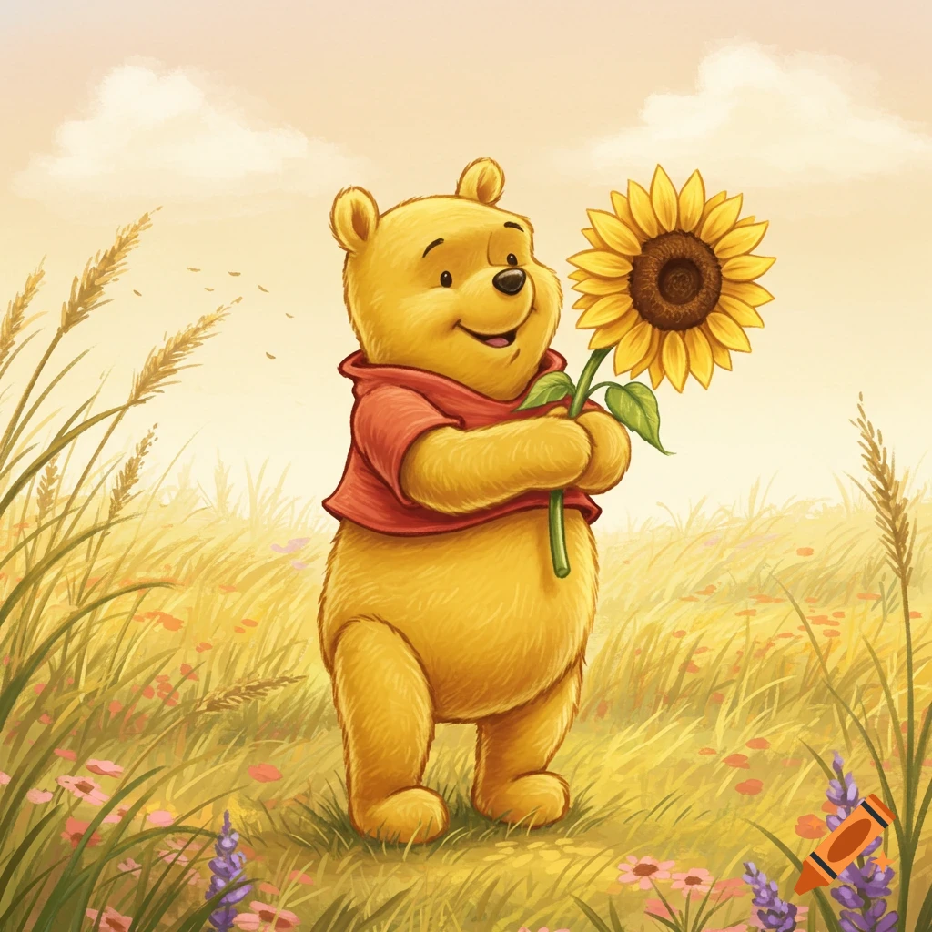 Winnie the Pooh, a yellow bear in a red shirt, smiles while holding a sunflower in a grassy field, in an illustration style.