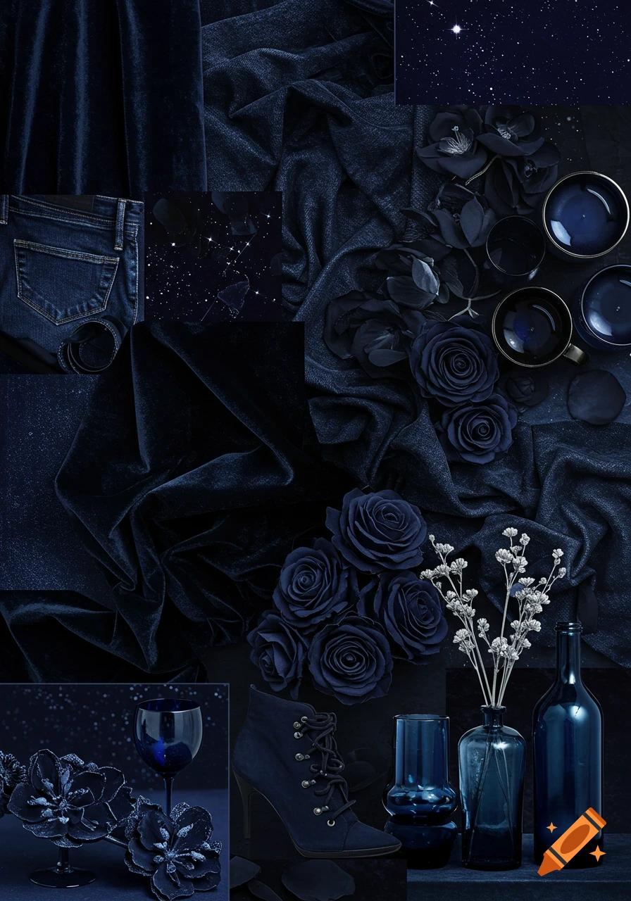 A navy blue mood board featuring velvet, denim, roses, celestial patterns, a boot, vases, and teacups, all in various shades of deep blue.