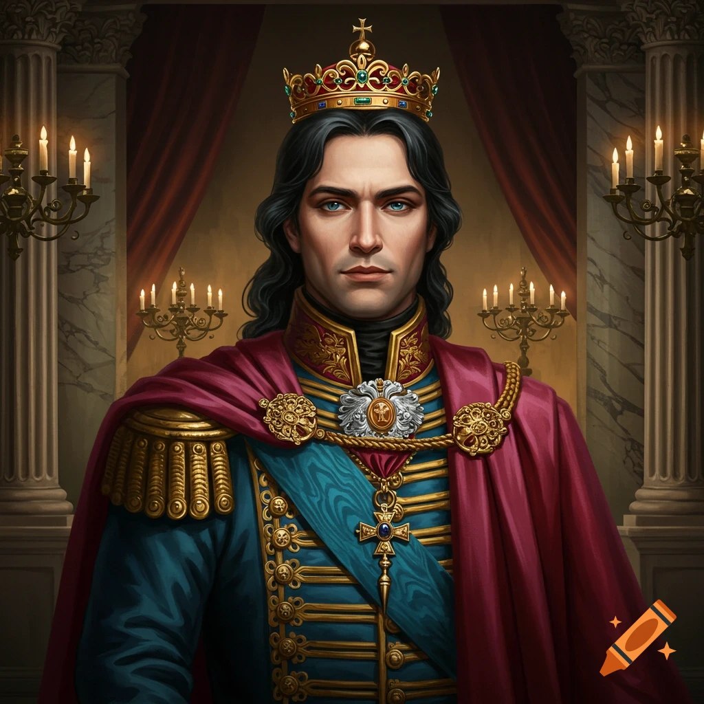 Regal portrait of a king in a golden crown, blue and gold military uniform, and crimson cape in a candlelit hall.