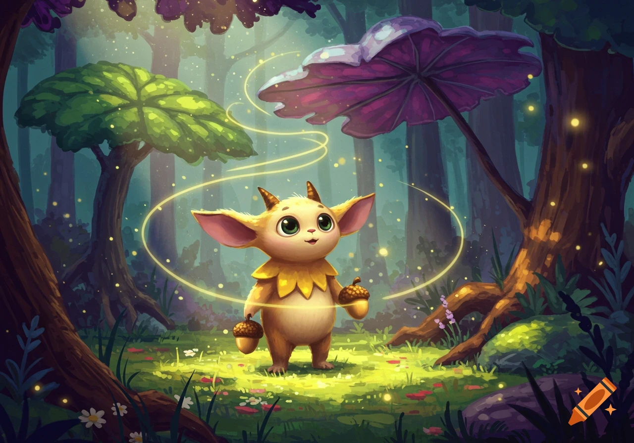 A cute, big-eared, horned creature holding acorns in an enchanted forest with glowing light trails, vibrant illustration.
