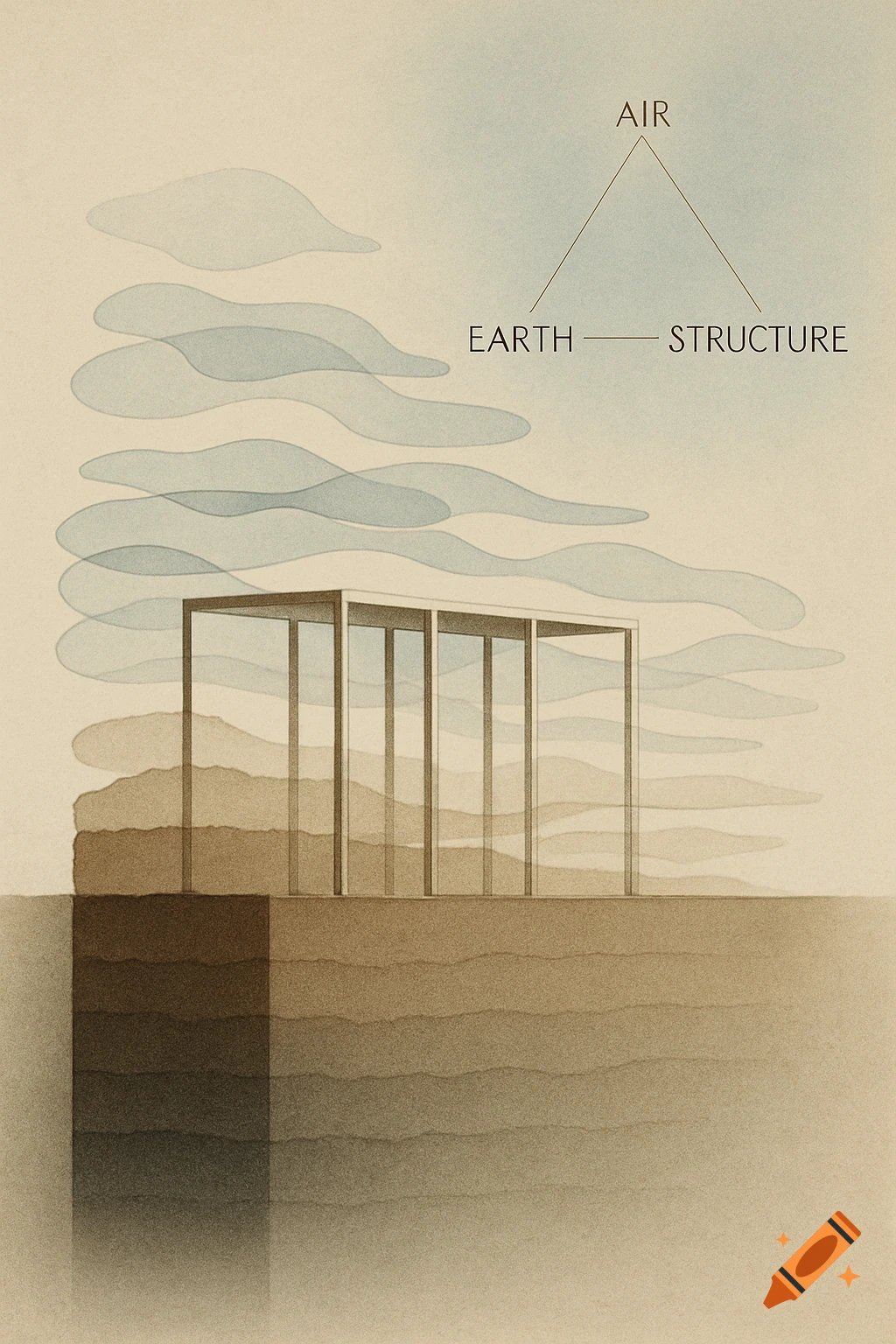 Watercolor diagram of a minimal building structure between layered earth and cloud-like air, with 'AIR', 'EARTH', 'STRUCTURE' labels.