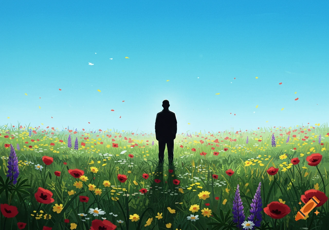 Stylized illustration of a man's silhouette standing in a vibrant meadow filled with colorful wildflowers under a clear blue sky.