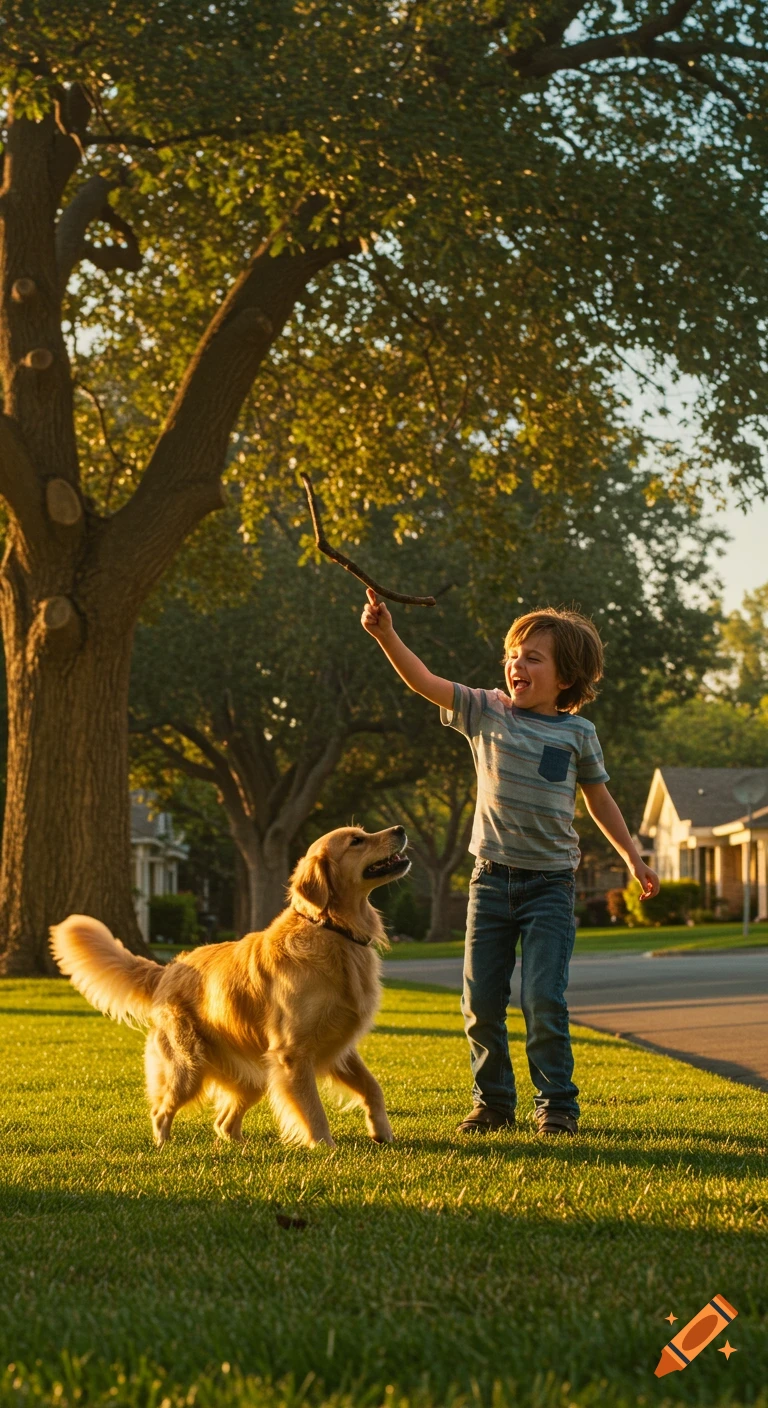 A happy boy laughs while holding a stick, playing with a golden retriever on a sunny suburban lawn. Photorealistic.