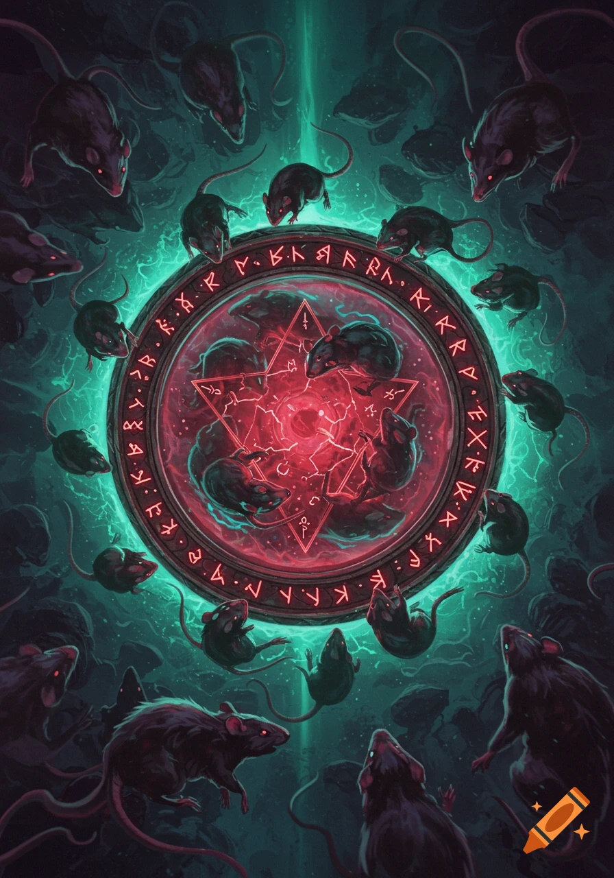 Dark rats with glowing red eyes surround a central, glowing red magical artifact with mystical runes on a dark, ethereal green background.