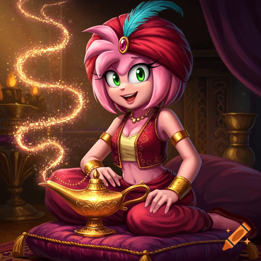 Amy Rose as a genie, wearing a red turban and vest, sitting on a cushion next to a magic lamp with sparkling magic, digital painting.