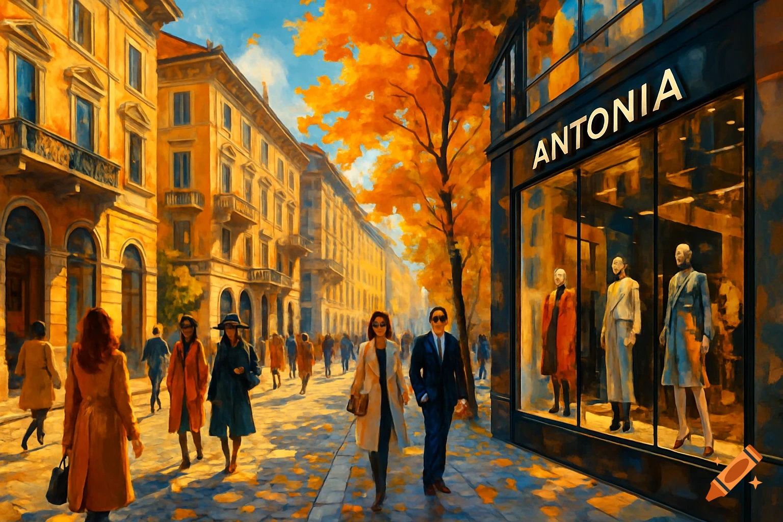 An impressionistic painting of a busy shopping street in Milan with autumn trees, people, and a storefront labeled ANTONIA.