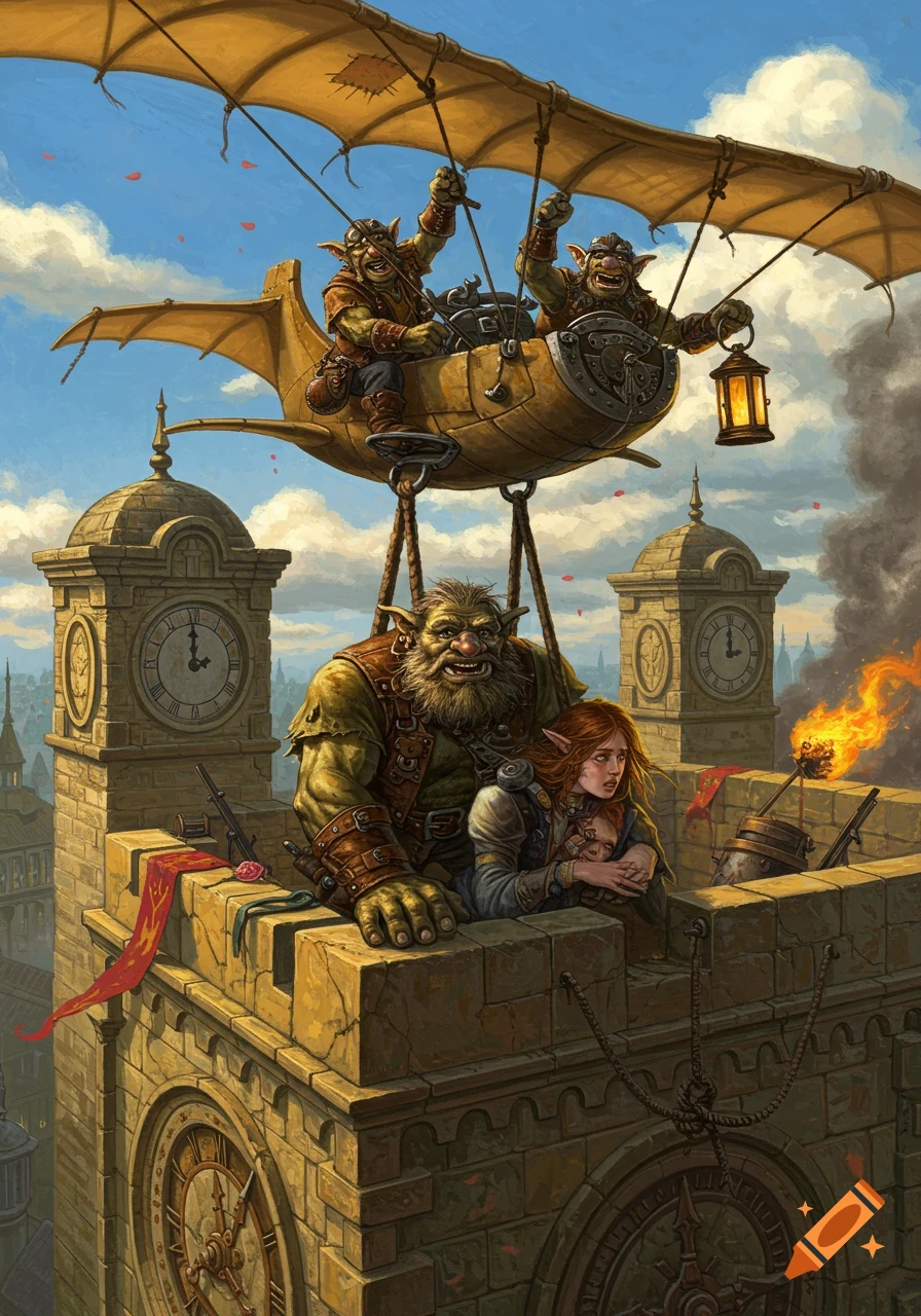 Two trolls in a glider rescue a hulking troll and a frightened woman from a stone clock tower rooftop. Vibrant oil painting.