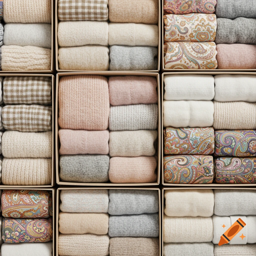 Neatly folded sweaters and patterned fabrics in various colors and patterns organized in light brown boxes, top-down view.