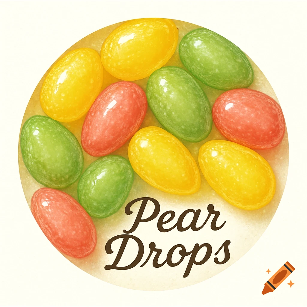 An illustration of green, yellow, and red pear drop candies arranged in a circle with 'Pear Drops' text.