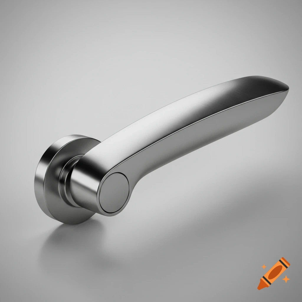 A futuristic, modern, minimalistic metallic door handle rendered realistically on a grey background.