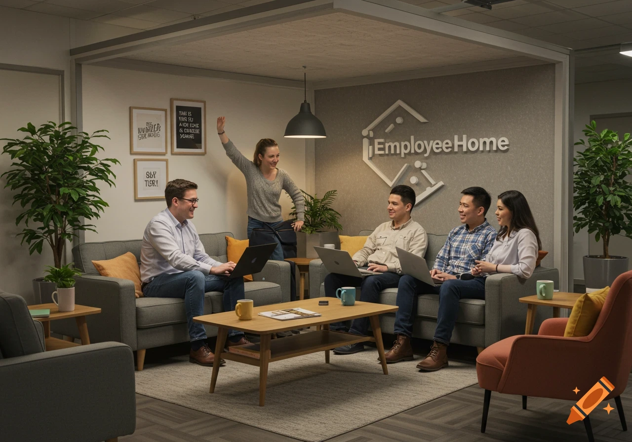 Five colleagues in a cozy office lounge area. Three men and two women are sitting on sofas, some using laptops, engaging in conversation. The background features a wall with "Employee Home" text and framed pictures, amidst plants.