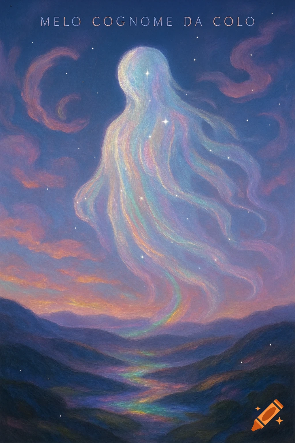 An ethereal, rainbow-colored spirit floats above a twilight landscape with mountains and a glowing river, in a painterly style.