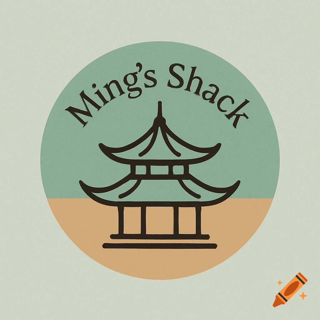 A logo for 'Ming's Shack' with a black outlined pagoda over a half teal, half tan circle background.