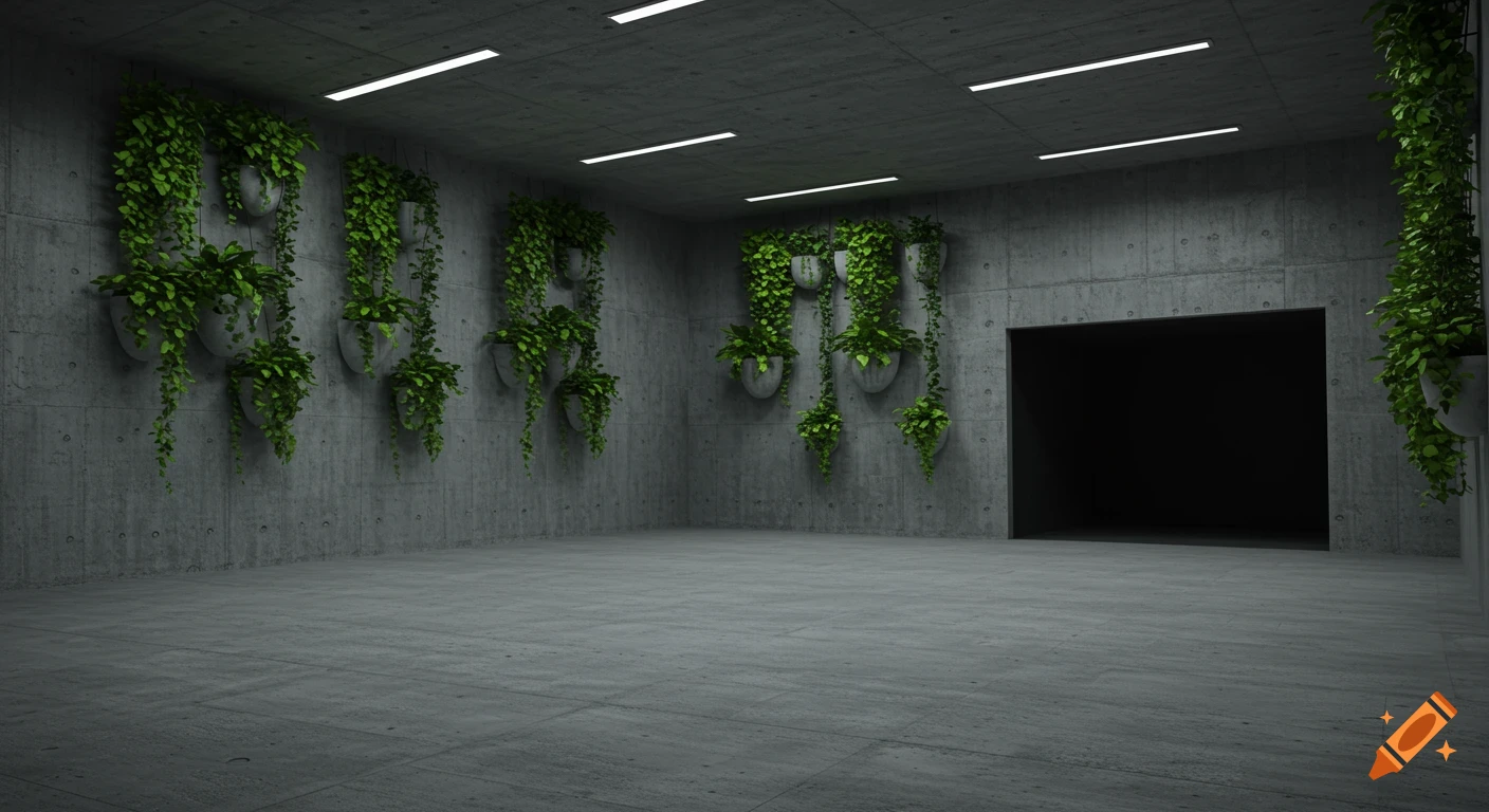 An empty concrete room with bright ceiling lights, green plants in pots hanging on the walls, and a dark open doorway.