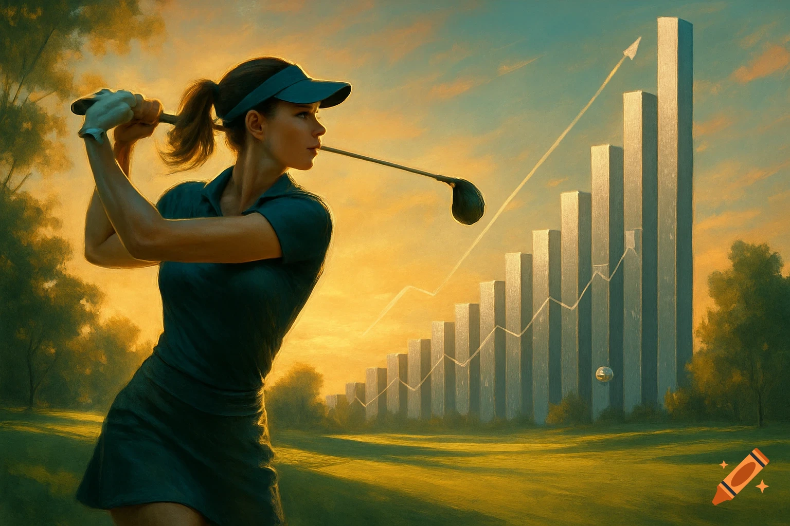 A woman golfer swings a club on a course at sunset, with an upward-trending bar chart in the background, in a painterly style.