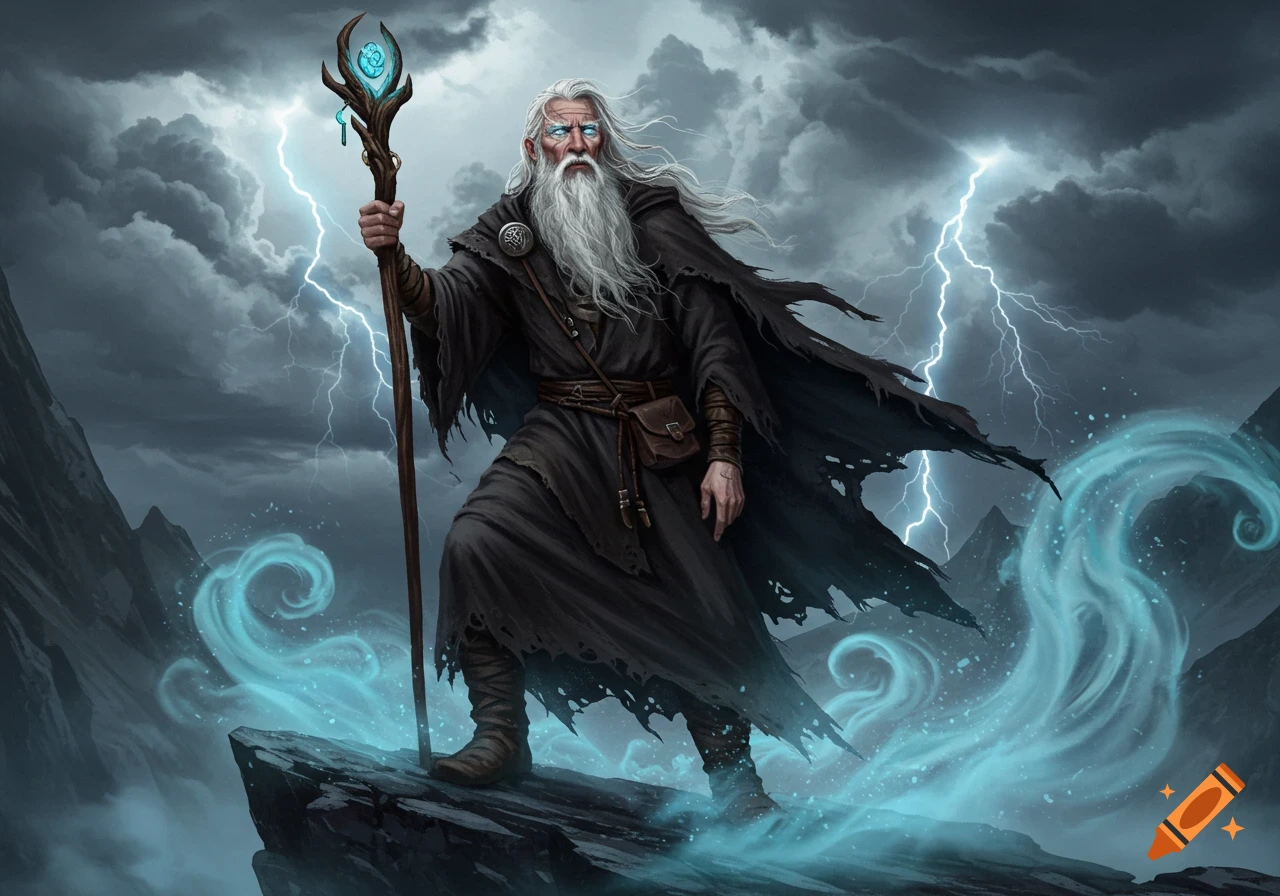 A powerful old wizard with a long white beard and a staff stands on a stormy mountain peak, surrounded by lightning and swirling blue magic.