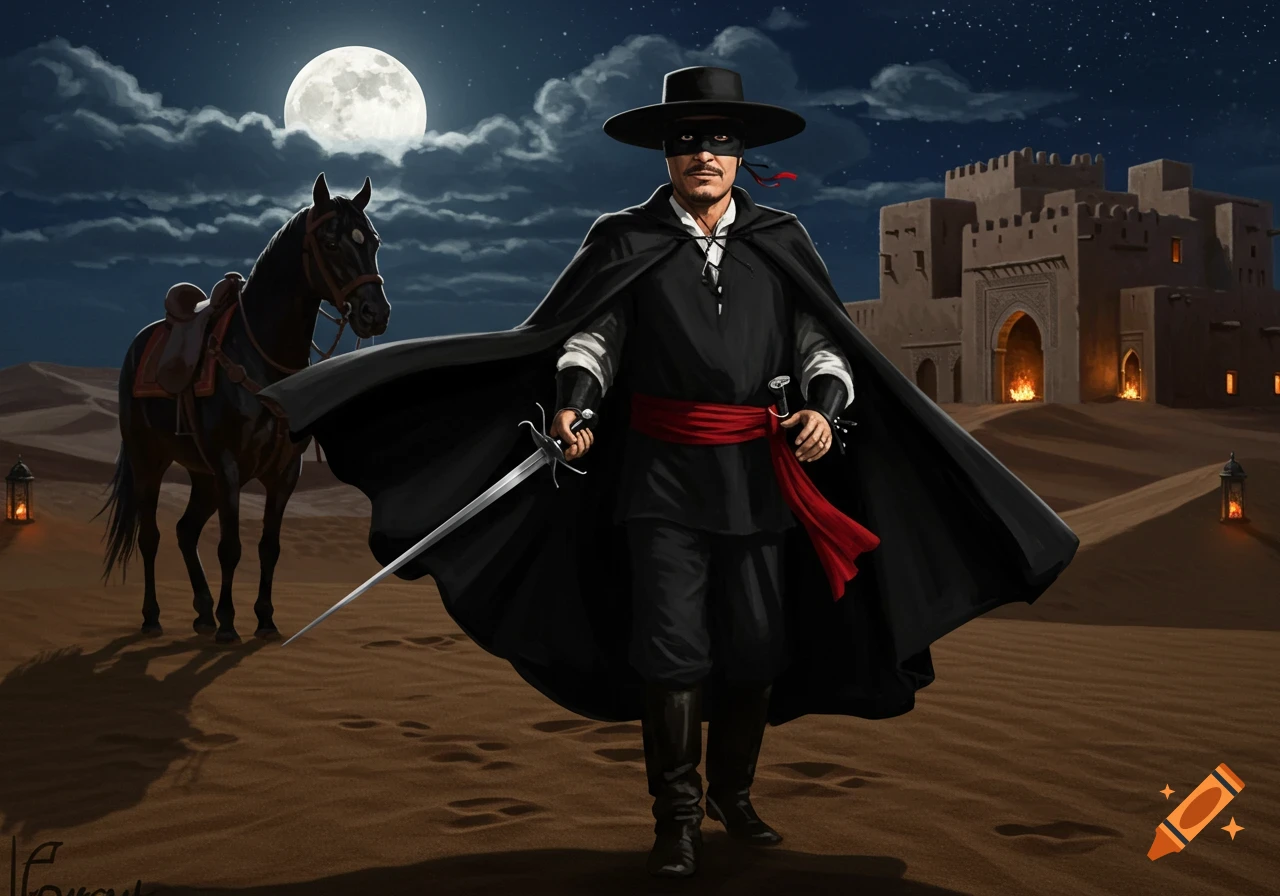 A masked man in black, resembling Zorro, stands with a sword in a desert at night, a horse behind him, and a fortress in the distance under a full moon.