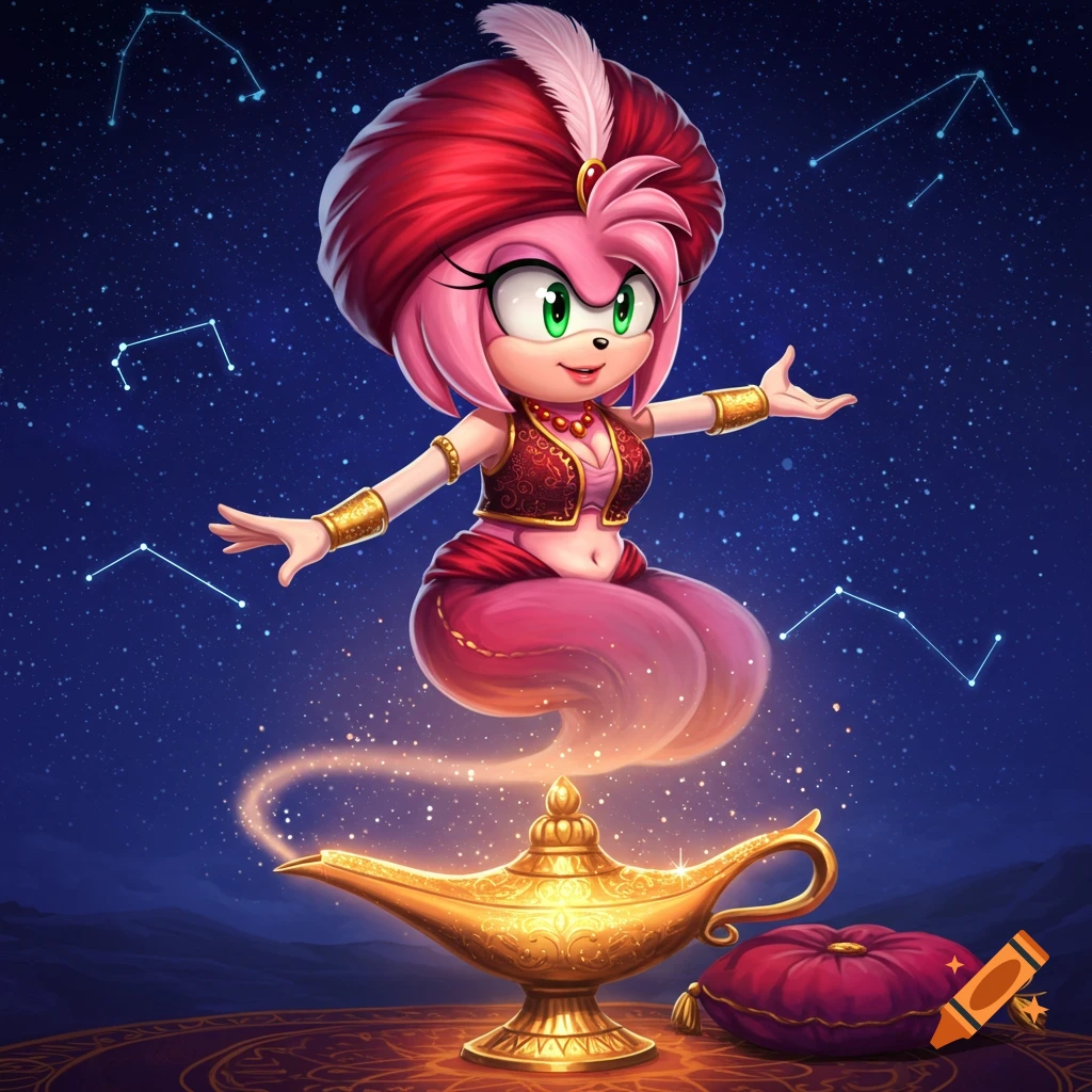Amy Rose as a pink genie, wearing a red turban and vest, floats over a golden magic lamp and cushion under a starry sky.