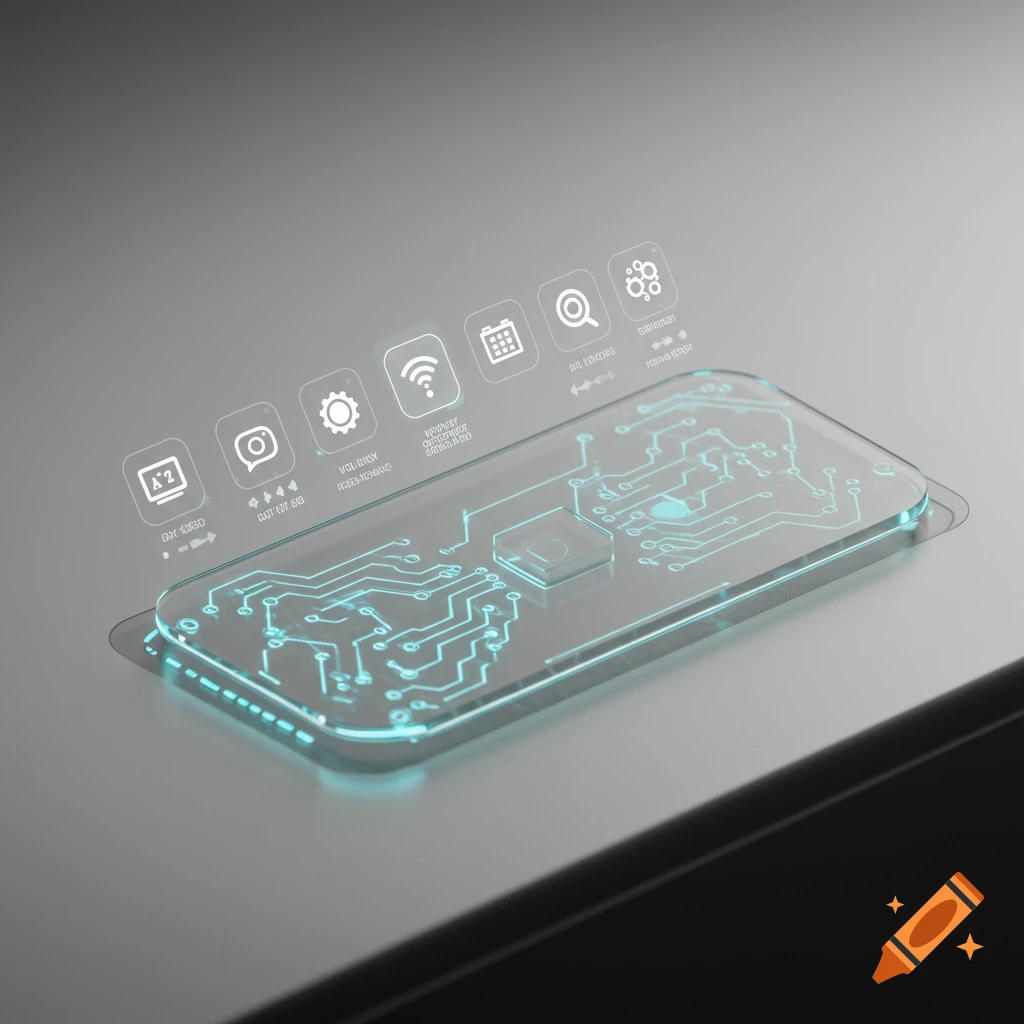 Holographic circuit board glowing blue inside a transparent smartphone with digital icons.