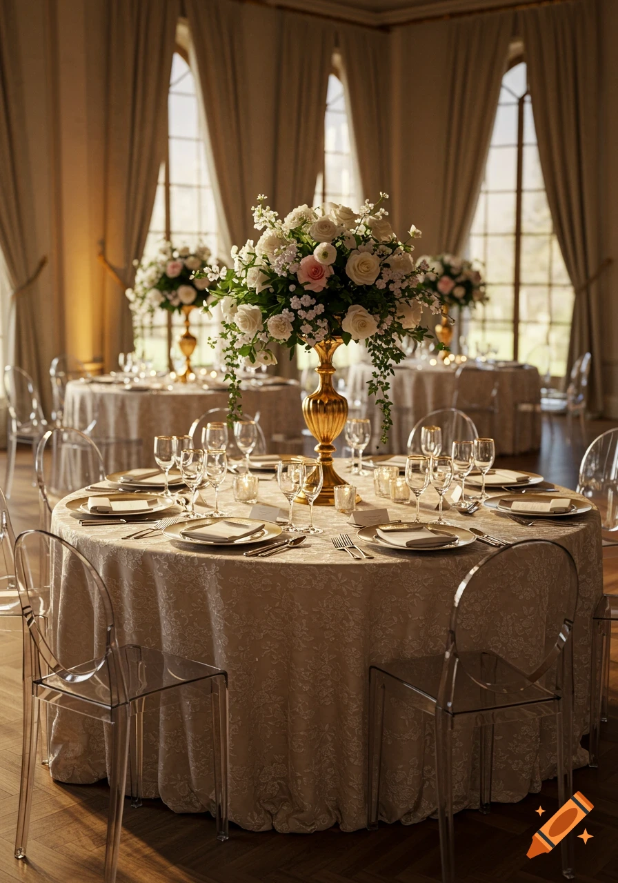 Elegant wedding reception tables with white and pink floral centerpieces, gold accents, and clear chairs in a grand hall with arched windows.