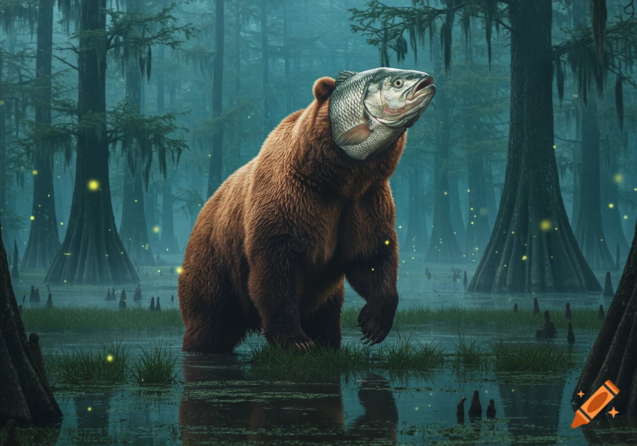 A brown bear with a large fish head stands on two legs in a mystical, foggy swamp with glowing fireflies and tall trees.
