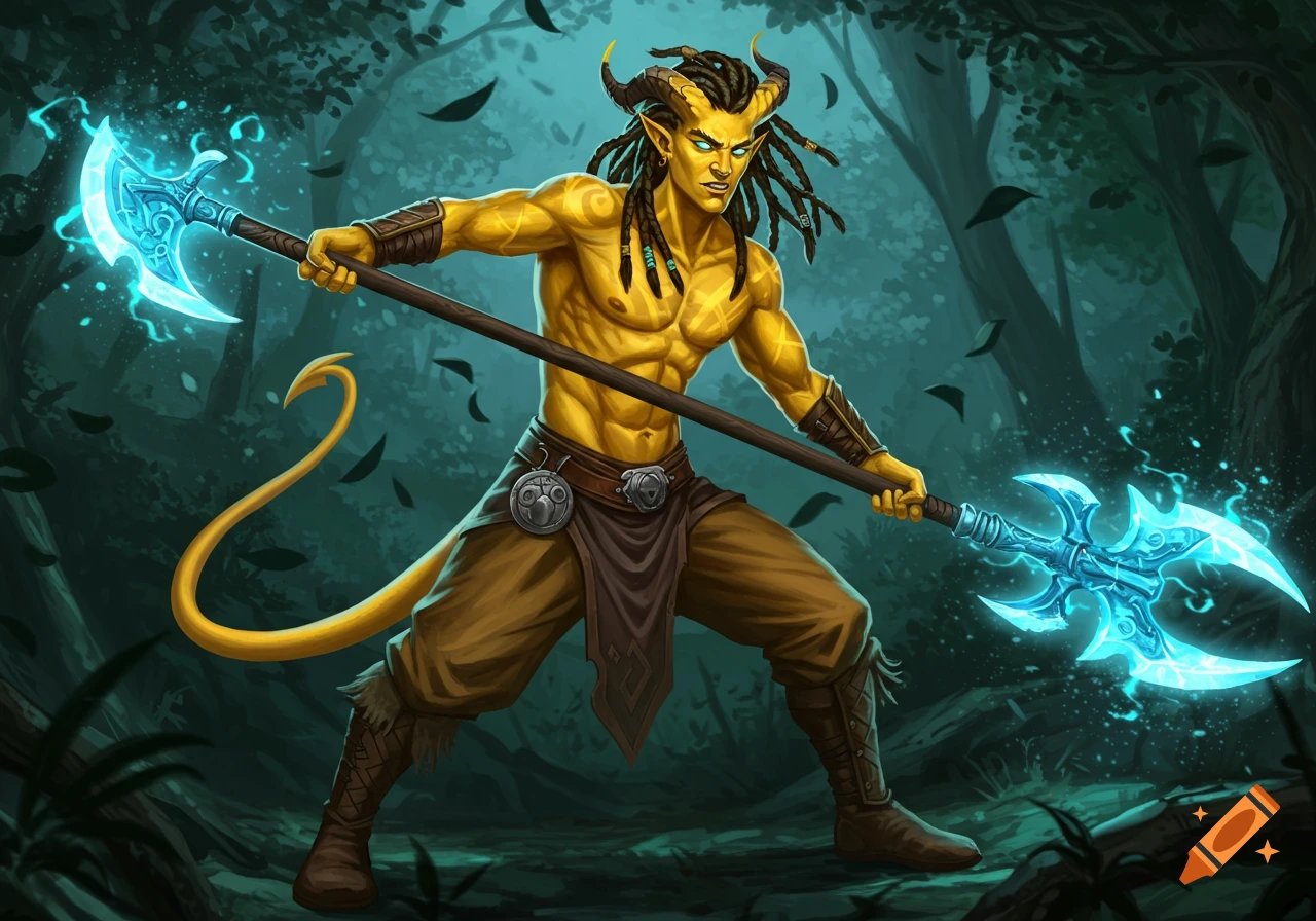 A muscular, yellow-skinned male tiefling with dreadlocks and horns, holding a glowing blue energy halberd in a dark forest.
