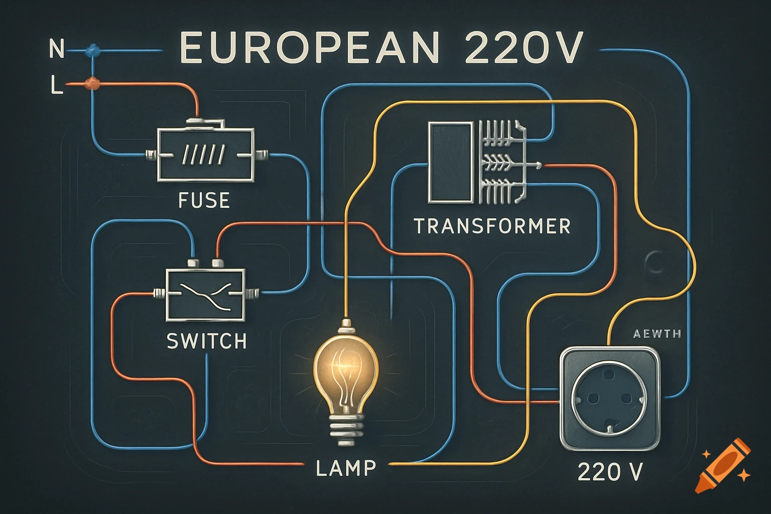 A detailed diagram of a European 220V electrical system with a fuse, switch, transformer, lamp, and power outlet.