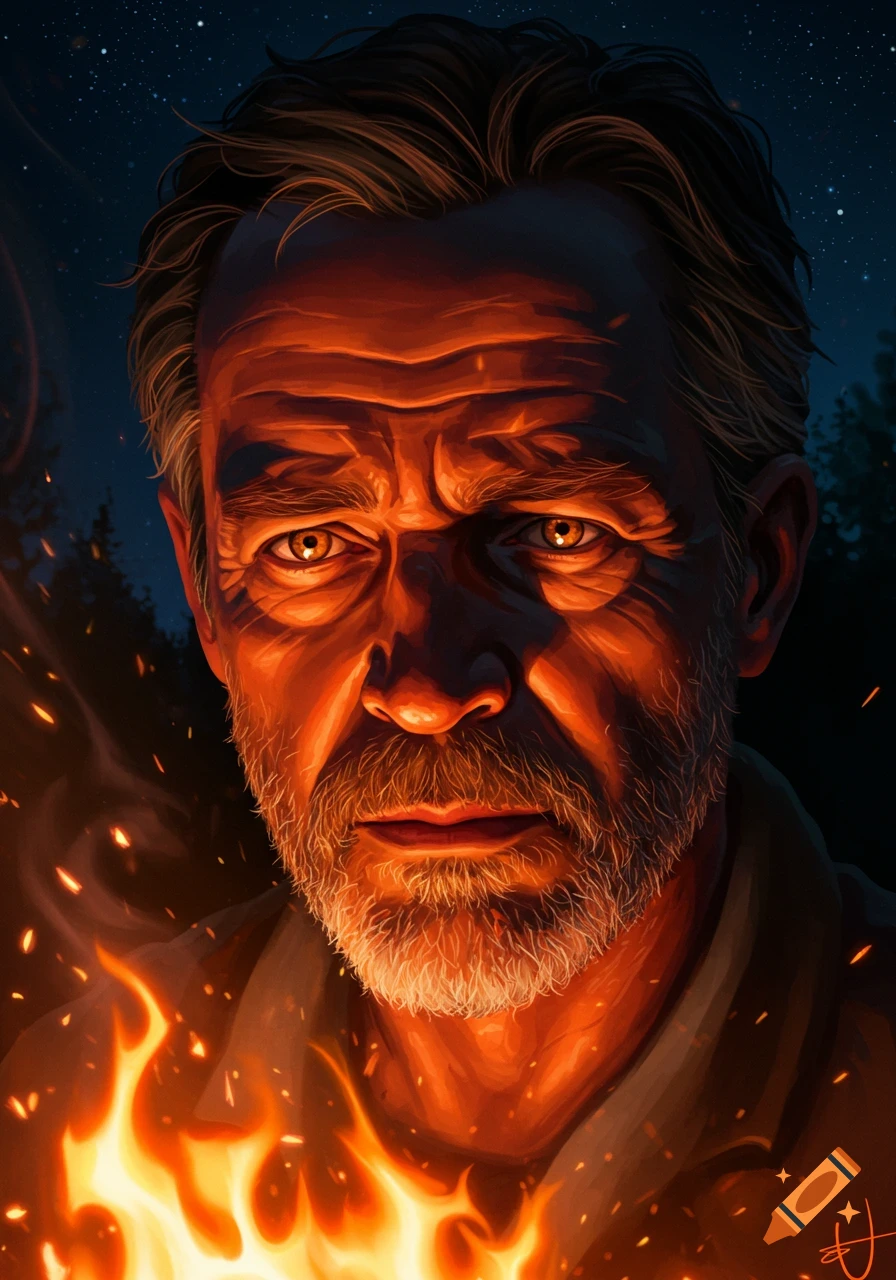 A close-up digital painting of a man's face dramatically lit by a fire from below, against a starry night sky.