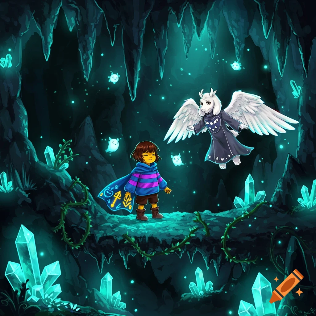 Cartoon of Frisk and a winged goat character in a dark, glowing turquoise cave with crystals and floating spirits.